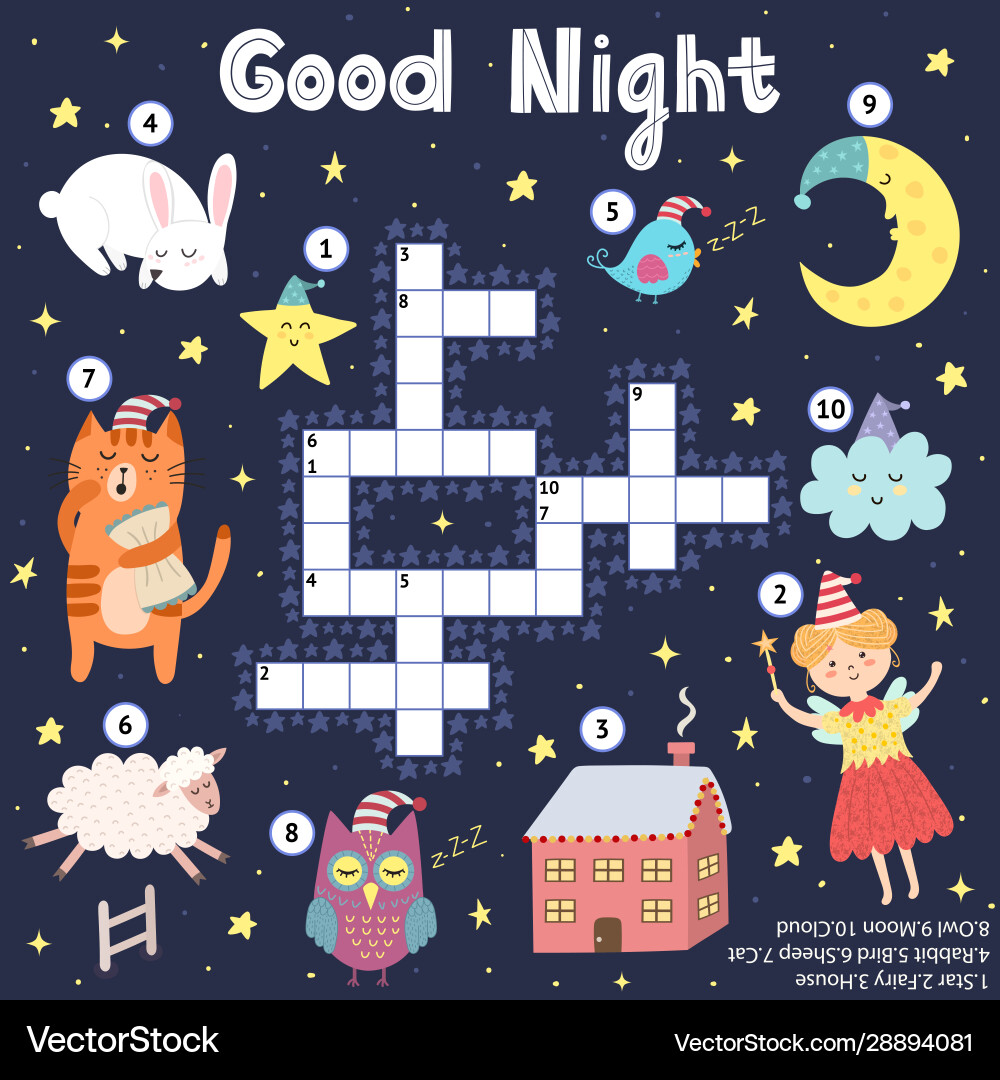 Gute Nacht Kreuzwortwörter Spiel für Kinder süße Träume Gute Nacht Kreuzwortwörter Spiel für Kinder süße Träume vektorbild