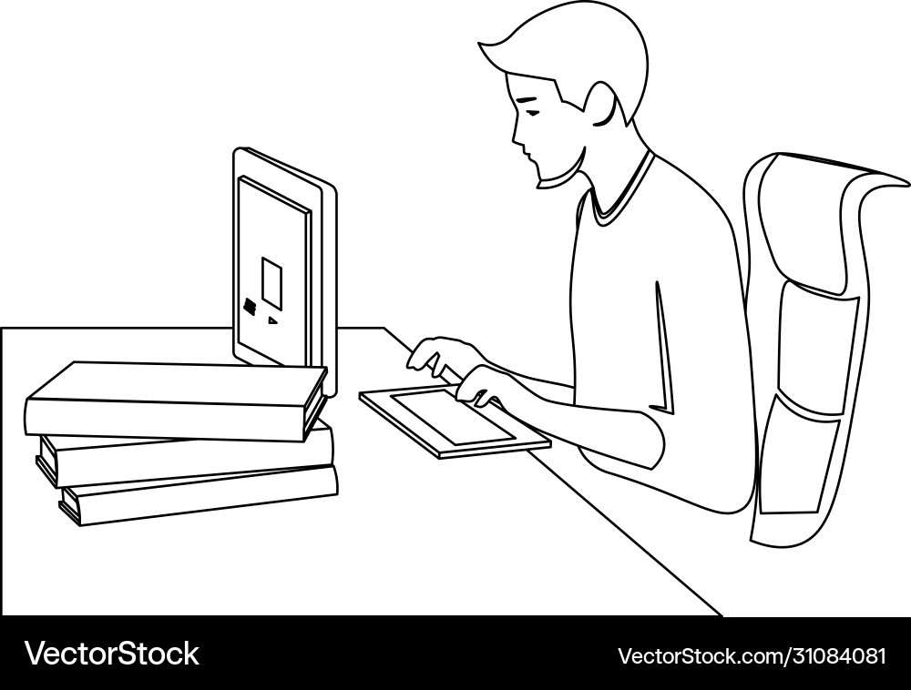 Minimal line art man sitting at computer Minimal line art man sitting at computer vector image