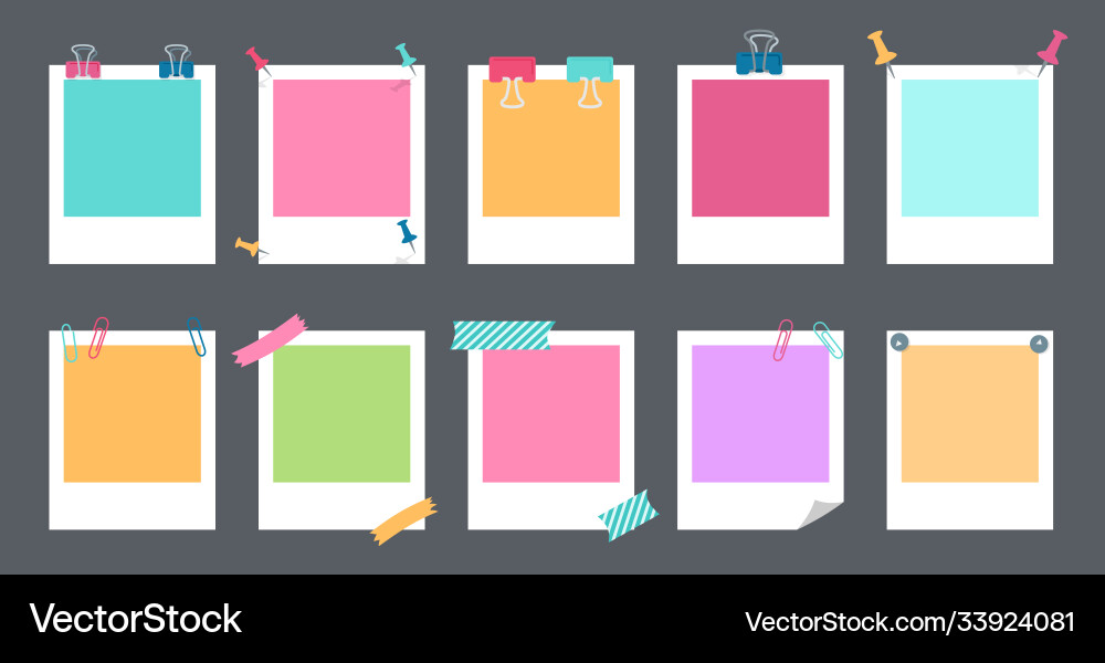Polaroid photo frame set notebook clip push Polaroid photo frame set notebook clip push vector image