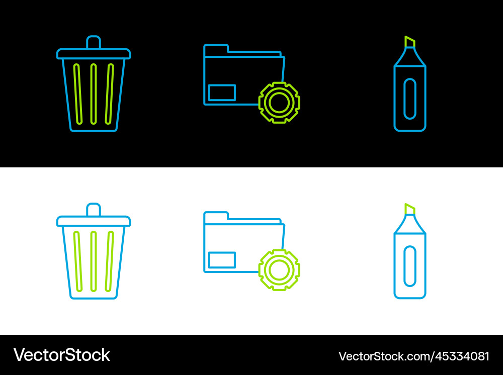 Set line marker pen trash can and folder settings Set line marker pen trash can and folder settings vector image
