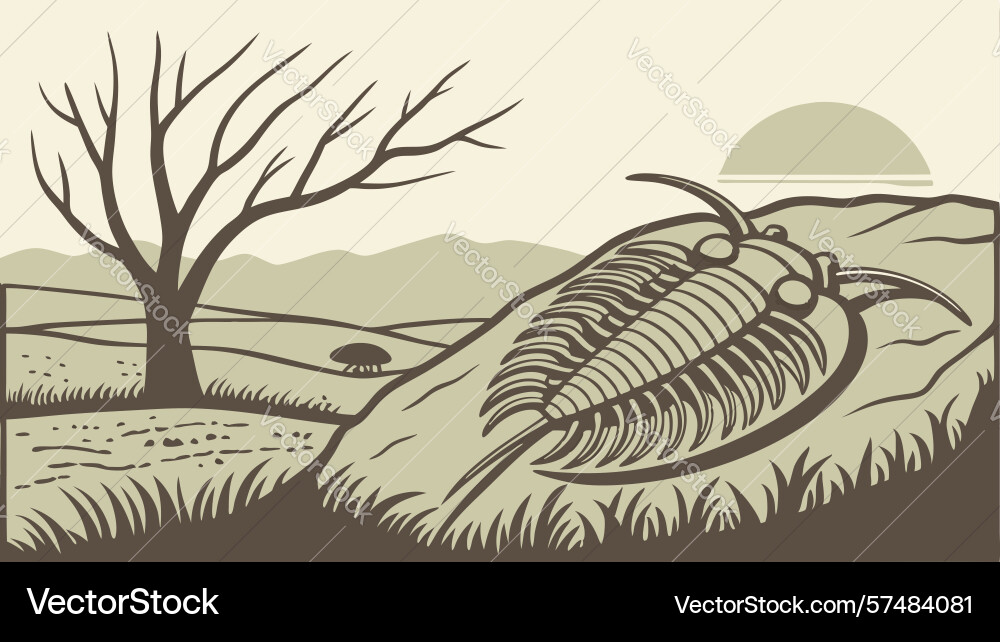 Trilobite fossil on a winding path with distant vector image