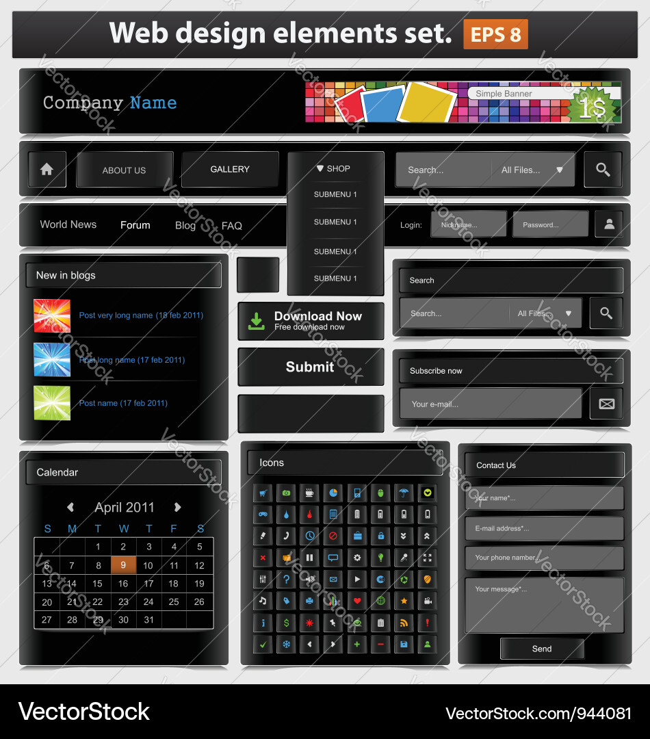 Web design elements set black vector image