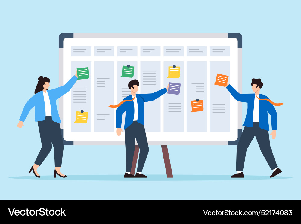Colleagues using sticky notes to outline project Colleagues using sticky notes to outline project Vector Image