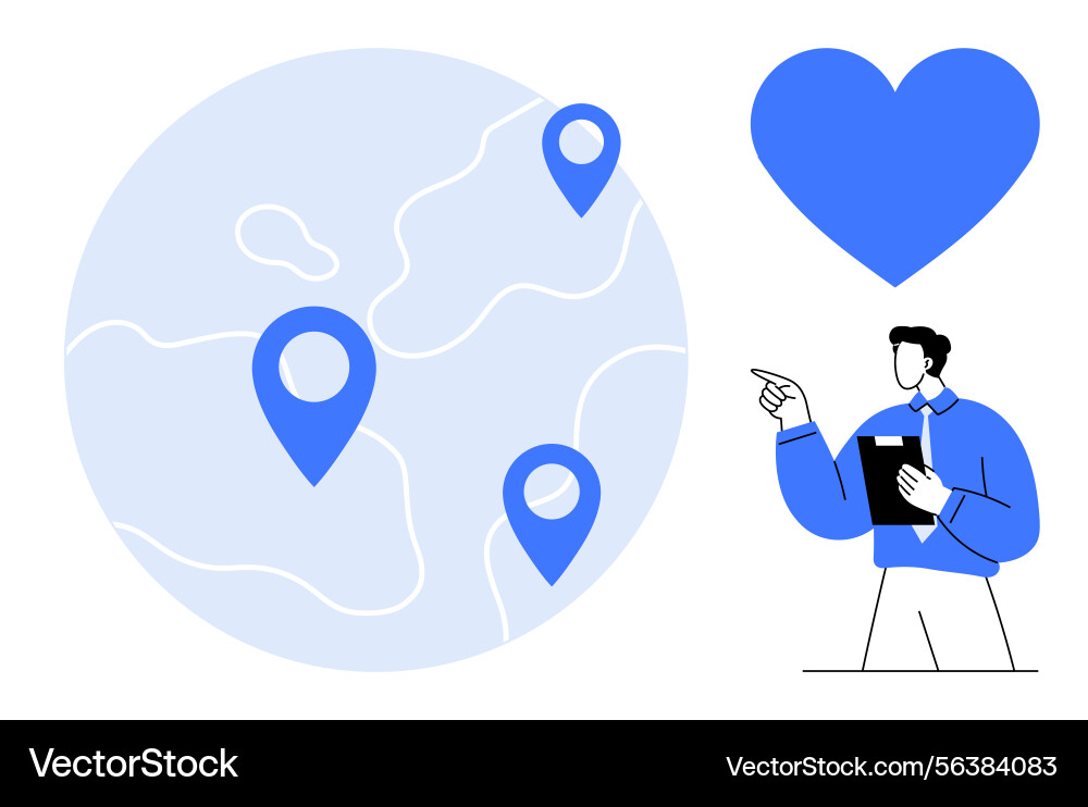 Global map with location pins and professional man Global map with location pins and professional man Vector Image