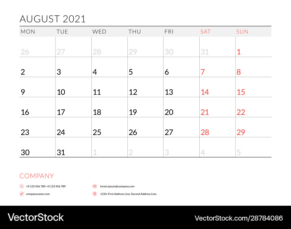 August 2021 monthly calendar planner printable August 2021 monthly calendar planner printable vector image