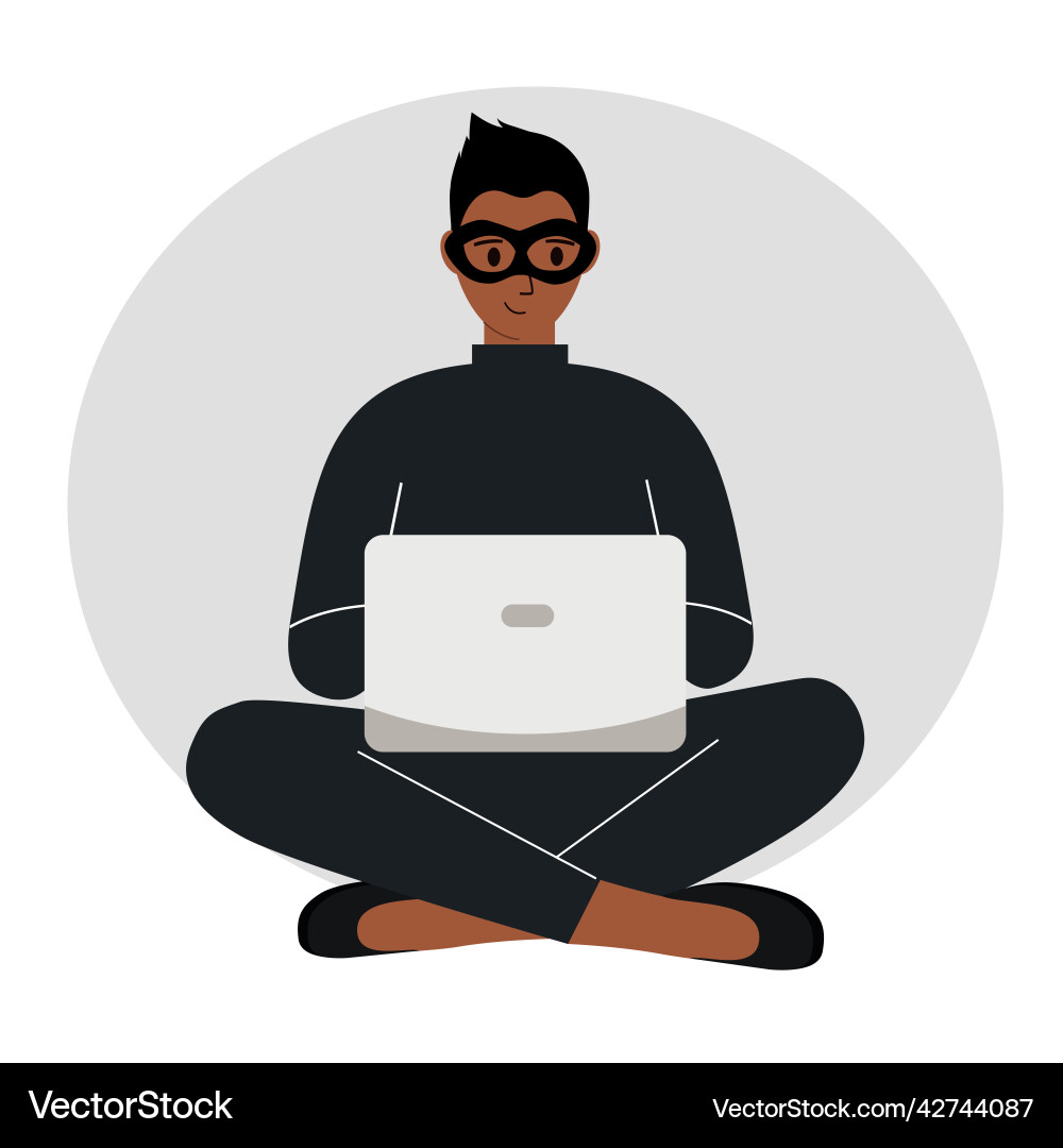 Hacker in a black mask with computer Hacker in a black mask with computer vector image