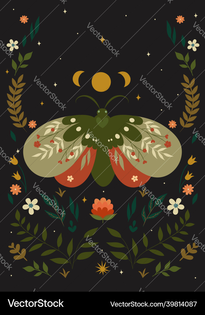 Postcard with a moth in boho style Postcard with a moth in boho style vector image