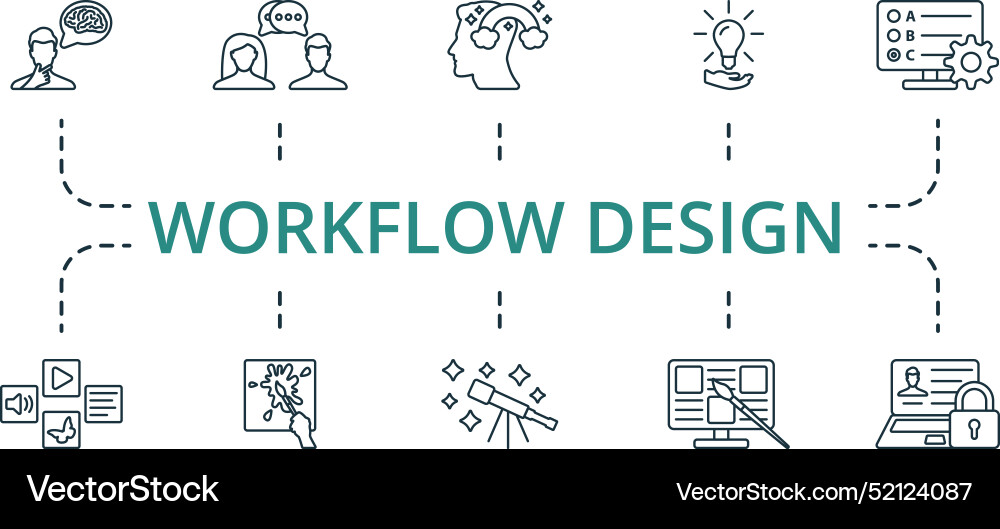 Workflow design thin line icon set monochrome Workflow design thin line icon set monochrome vector image