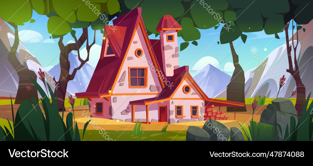 Old house in forest at foot of mountains Old house in forest at foot of mountains vector image