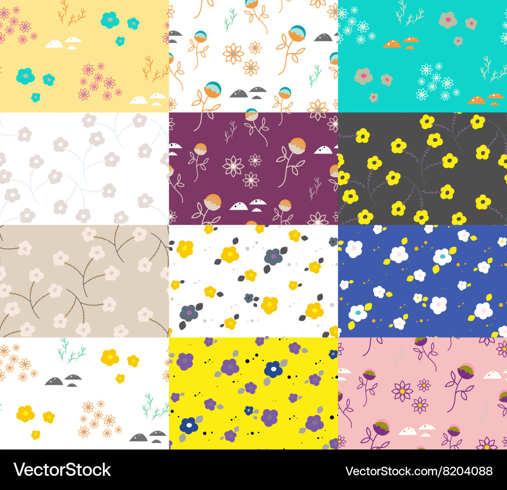 Wild flower set of spring field seamless patterns vector image