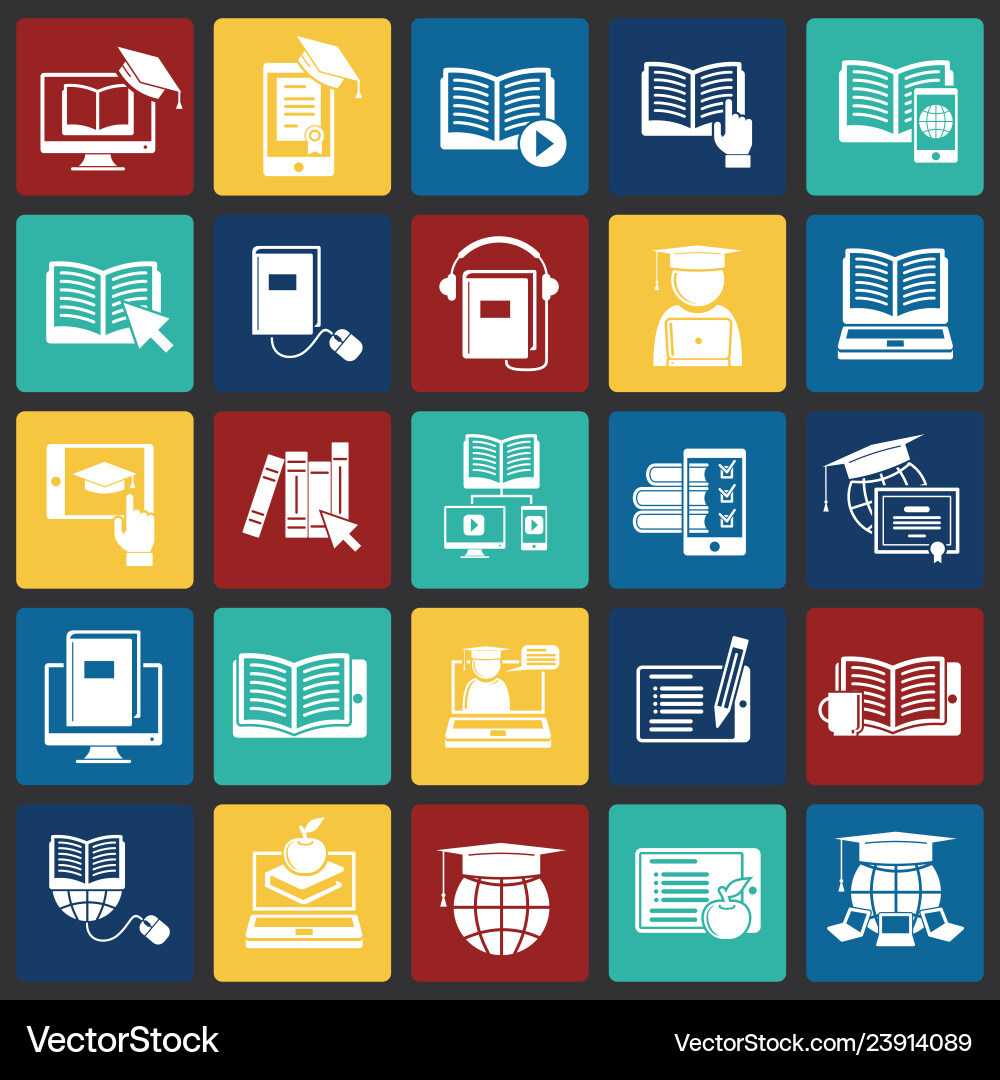 E-learning icons set on color squares background E-learning icons set on color squares background Vector Image