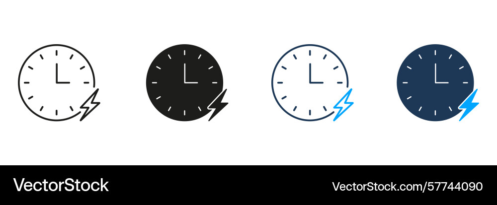 Clock with lightning bolt line and solid icon set Clock with lightning bolt line and solid icon set vector image