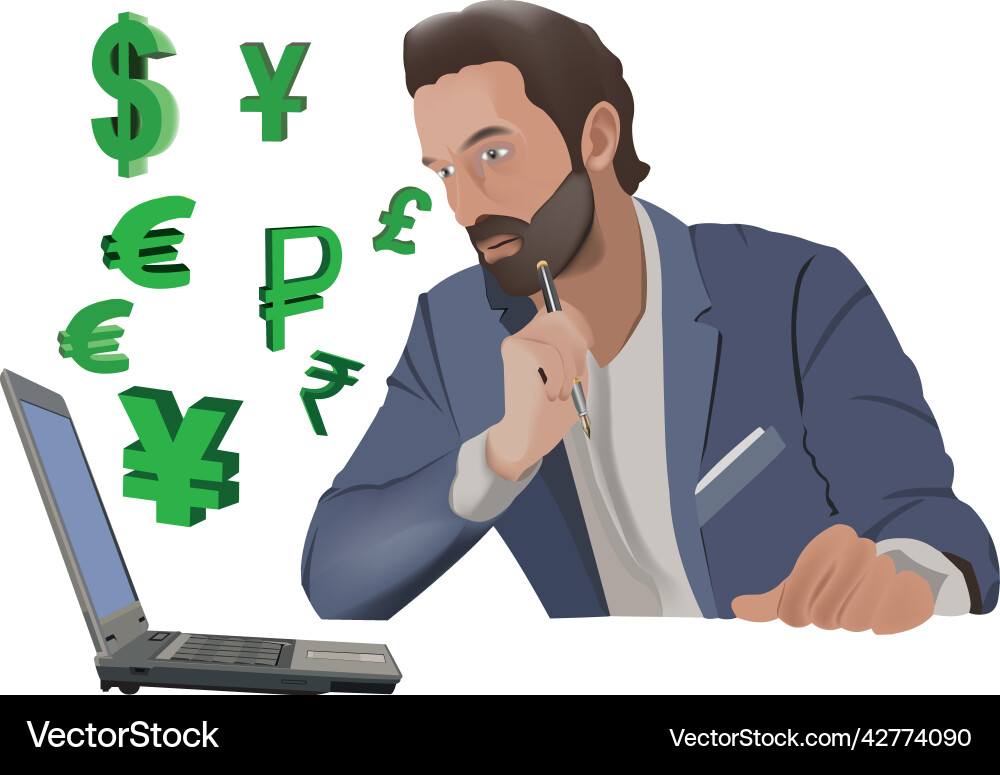 Computer person makes currency exchange Vector Image
