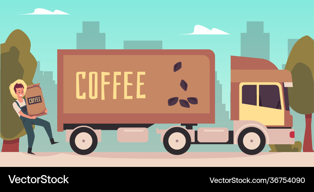 Man farmer loading canvas sacks with coffee beans Man farmer loading canvas sacks with coffee beans Vector Image