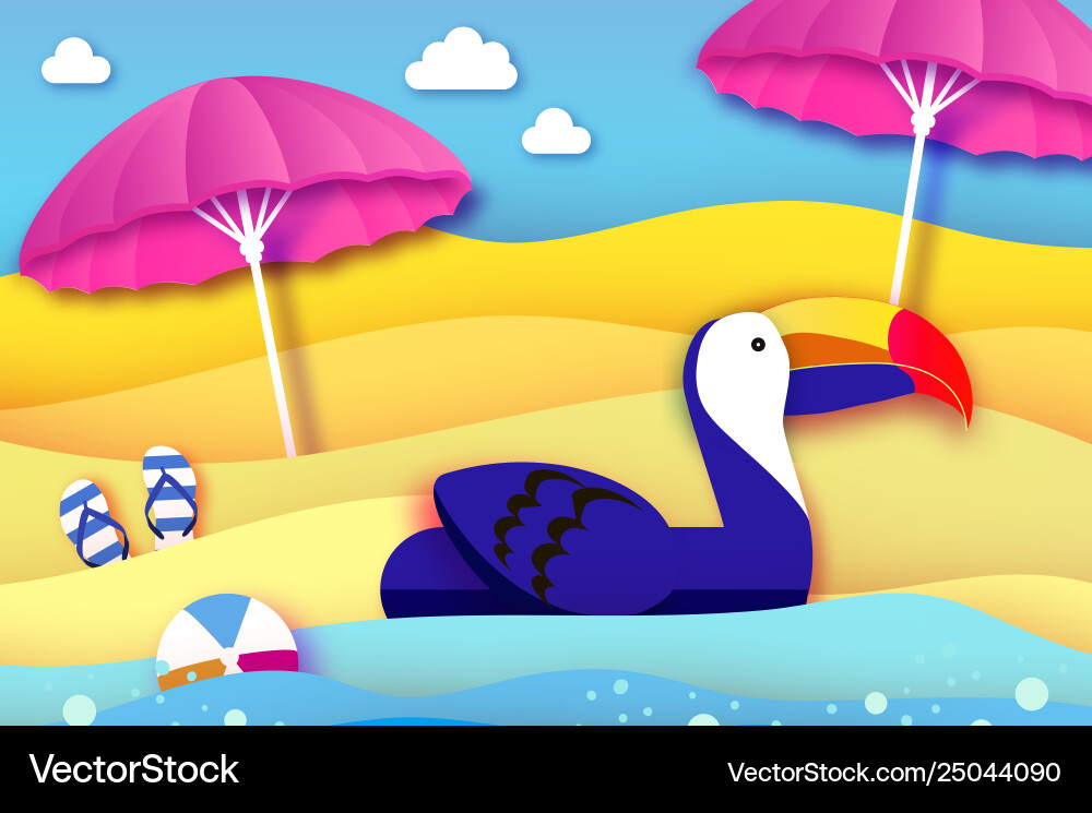 Toucan Vogel im Meer rosa Sonnenschirme Papier geschnitten Toucan Vogel im Meer rosa Sonnenschirme Papier geschnitten vektorbild