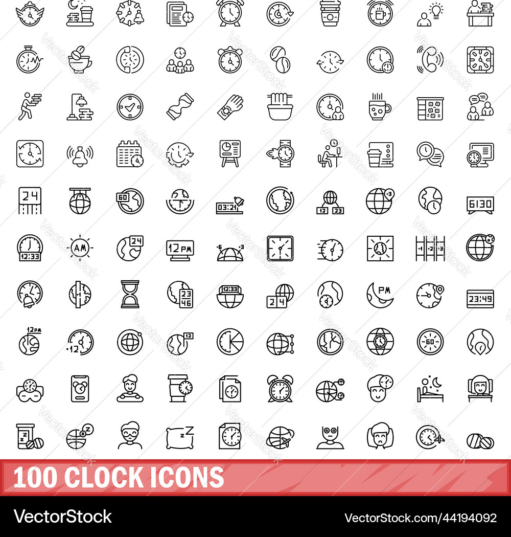 100 clock icons set outline style Vector Image