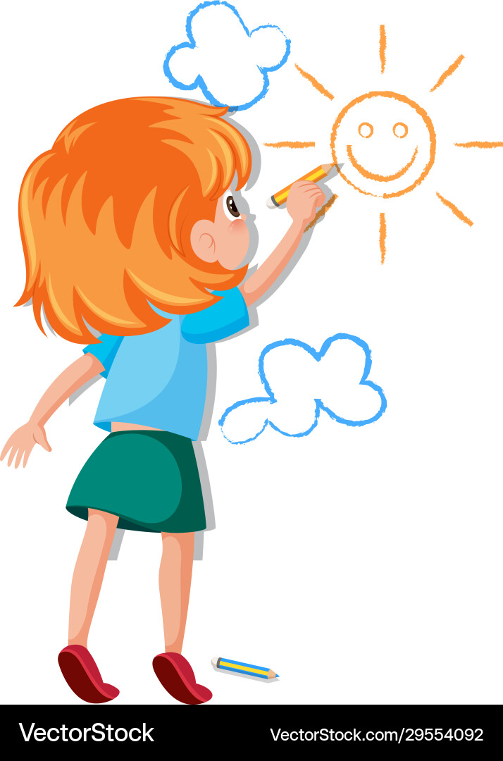 Cute girl drawing with color pencil on wall Vector Image