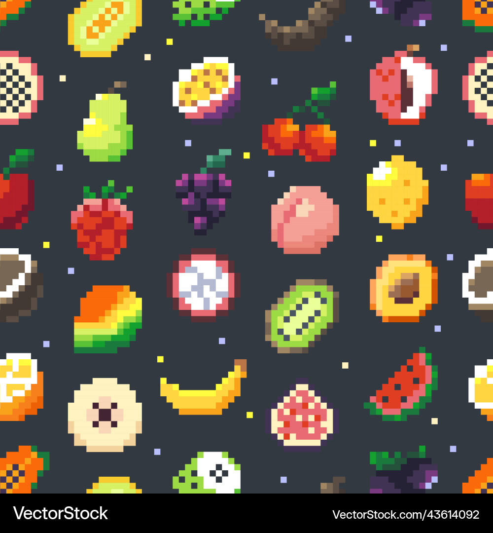 Pixel fruits pattern seamless print of pixelated Pixel fruits pattern seamless print of pixelated vector image