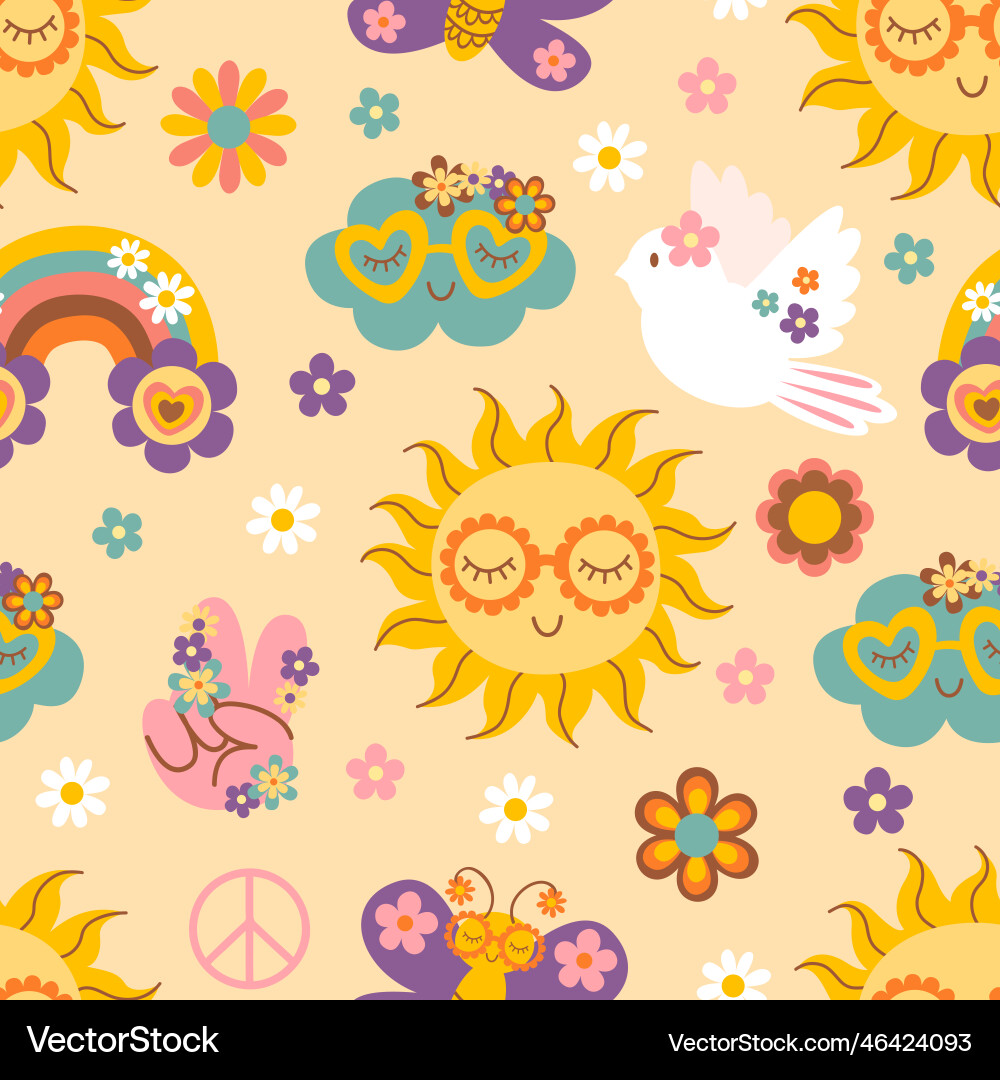 Seamless pattern with retro sun cloud rainbow Vector Image
