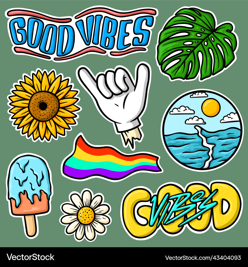 Sticker set hand drawn good vibes cartoon Sticker set hand drawn good vibes cartoon vector image
