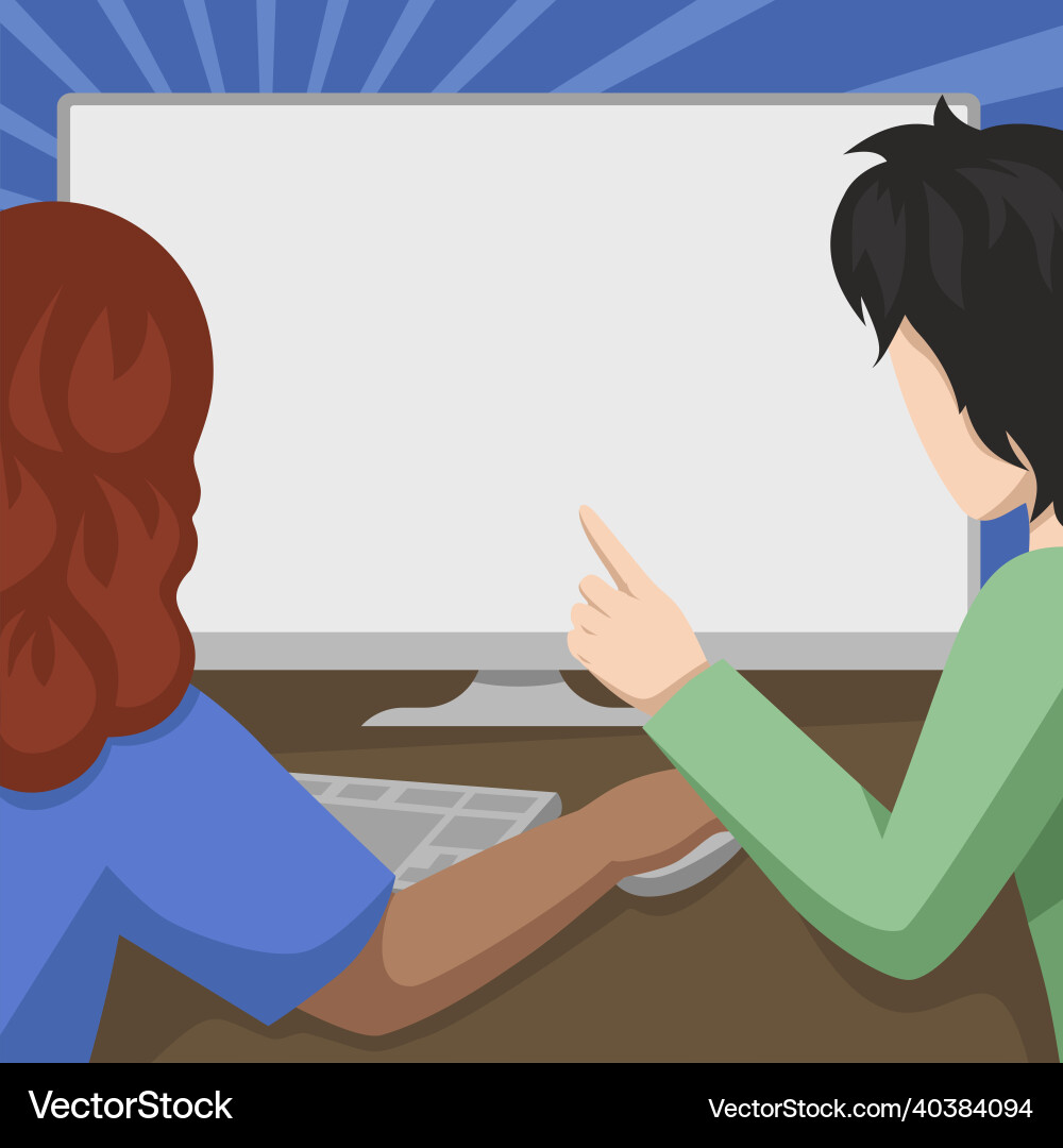 Couple drawing using desktop computer helping Couple drawing using desktop computer helping Vector Image