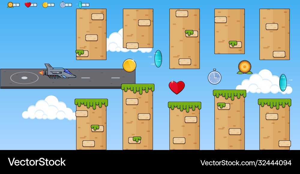 Interface 8 bit game pixel art platformer mobile Interface 8 bit game pixel art platformer mobile vector image