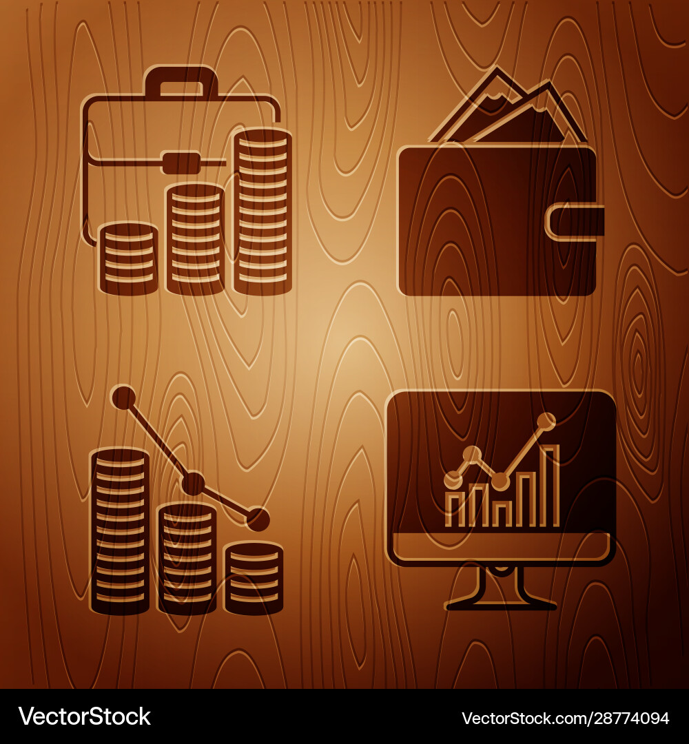 Set computer monitor with graph chart briefcase Set computer monitor with graph chart briefcase vector image