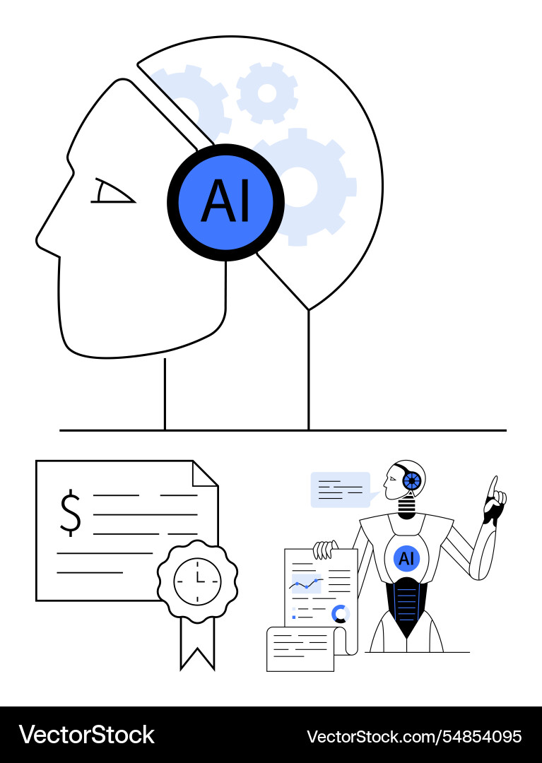 Human head with ai brain robot pointing at charts Human head with ai brain robot pointing at charts vector image