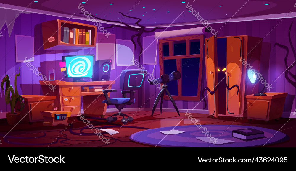 Teen room with alien or monster hiding in wardrobe Teen room with alien or monster hiding in wardrobe vector image