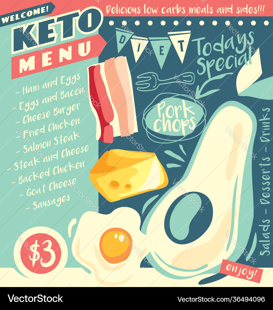 Keto diet restaurant menu design vector image