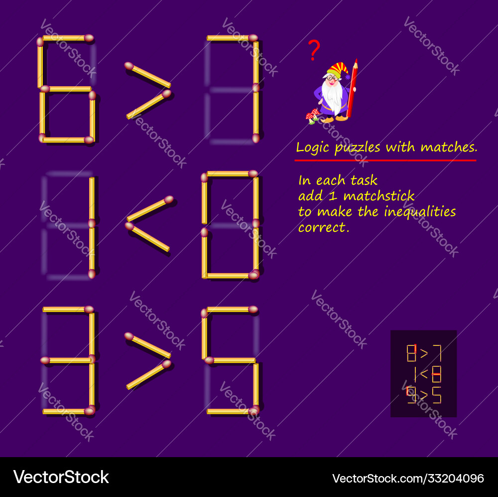 Logical puzzle game with matches in each task add Logical puzzle game with matches in each task add vector image