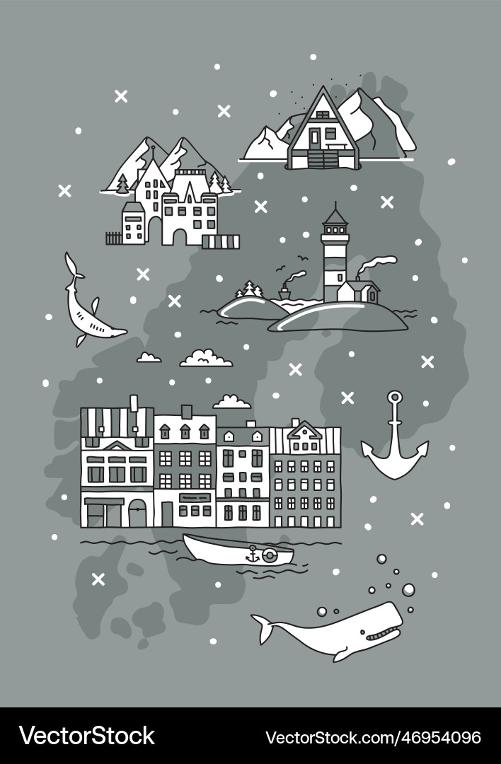 Scandinavia doodle set with symbols flag and map Scandinavia doodle set with symbols flag and map vector image