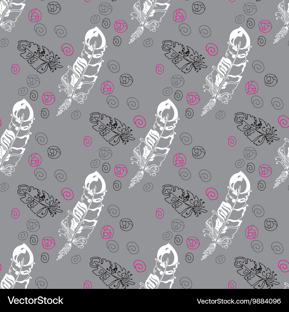 Seamless pattern with feathers and beads on grey vector image