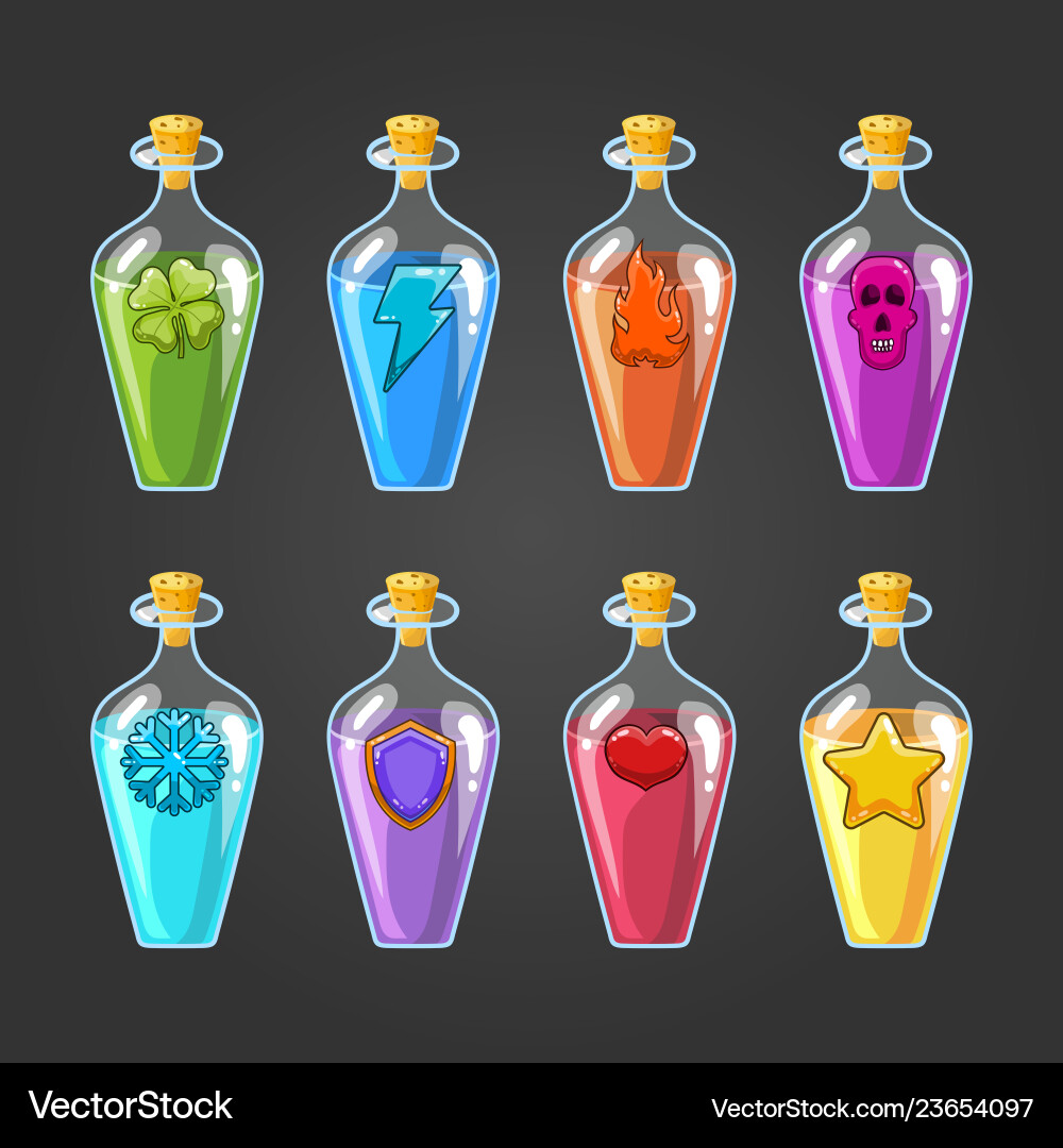 Big set of flasks with different poisons Big set of flasks with different poisons vector image