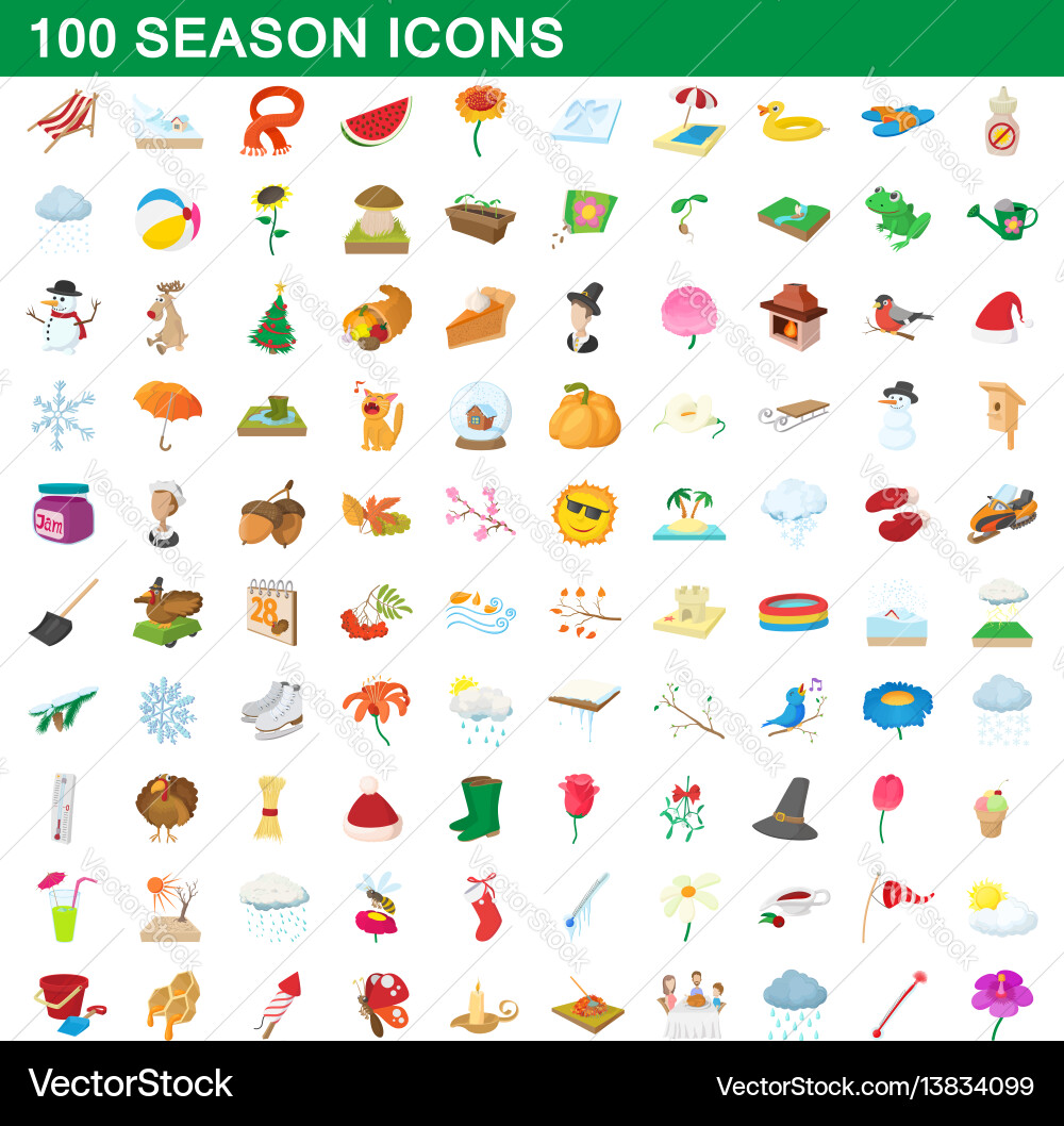 100 seasons icons set cartoon style 100 seasons icons set cartoon style vector image