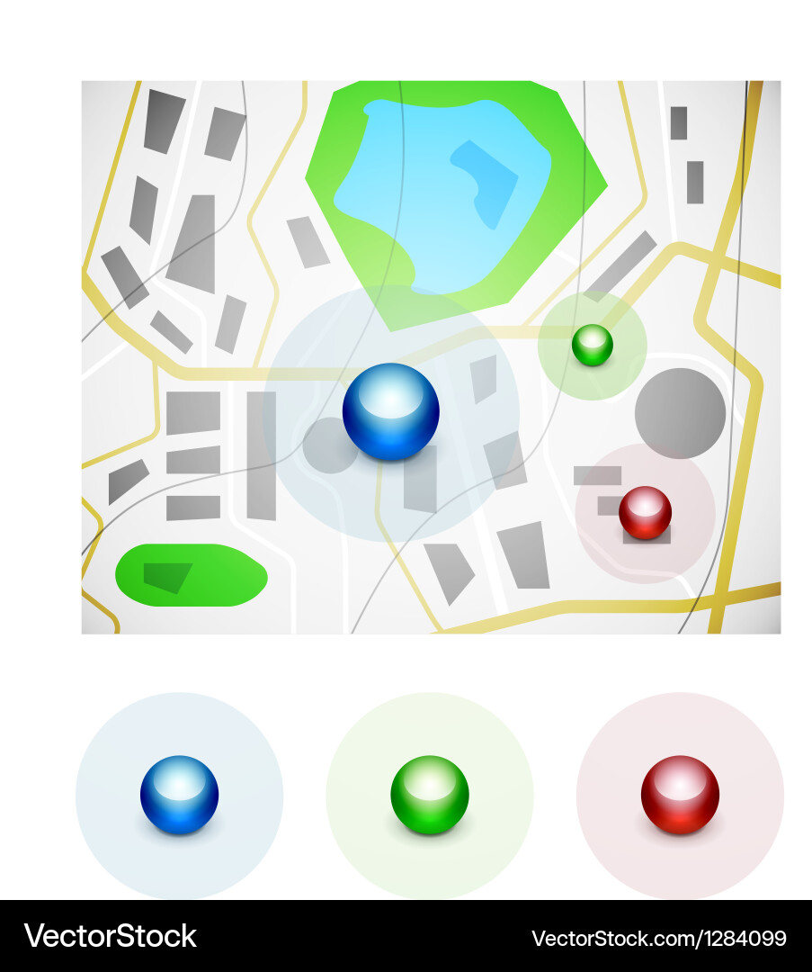 Glossy spheres map pointer icons vector image
