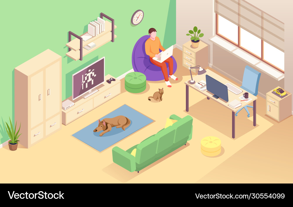 Man Working at Desk with Cat & Dog Vector Image