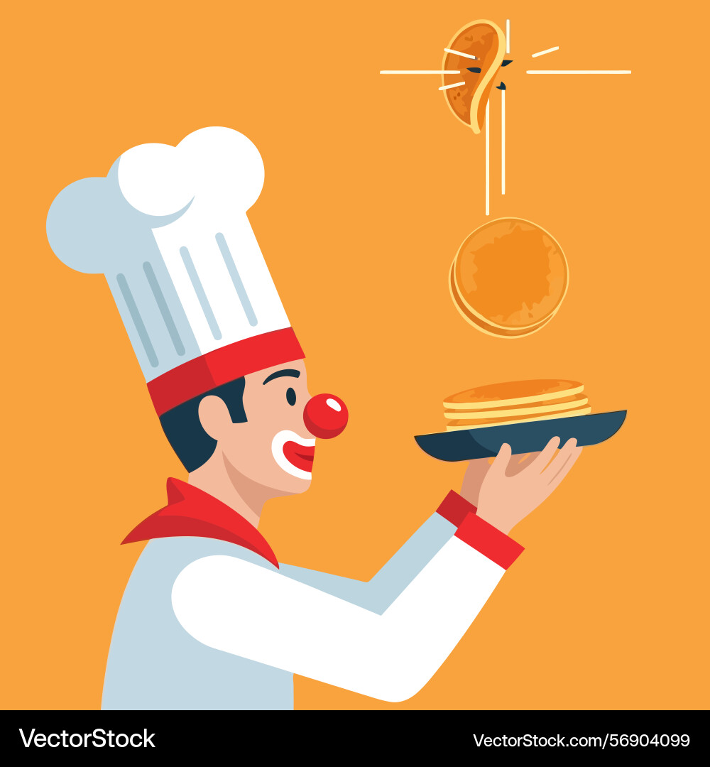 Pancake chef with red nose preparing stack Vector Image