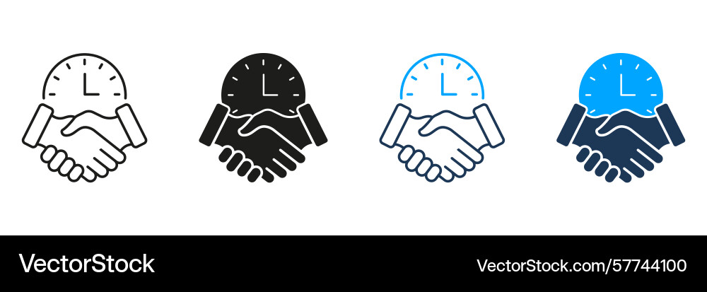 Handshake with clock line and solid icon set time Handshake with clock line and solid icon set time vector image