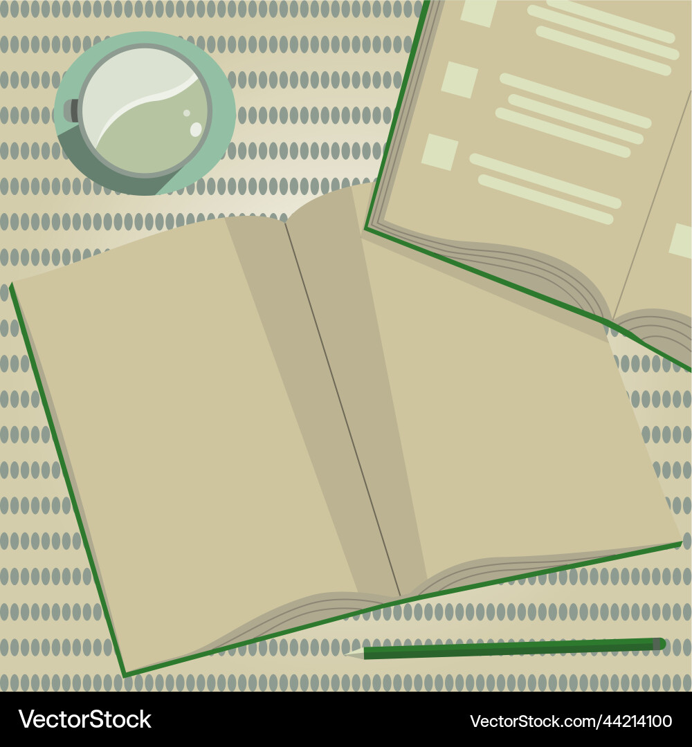 Two open work books on a table flat view Two open work books on a table flat view vector image