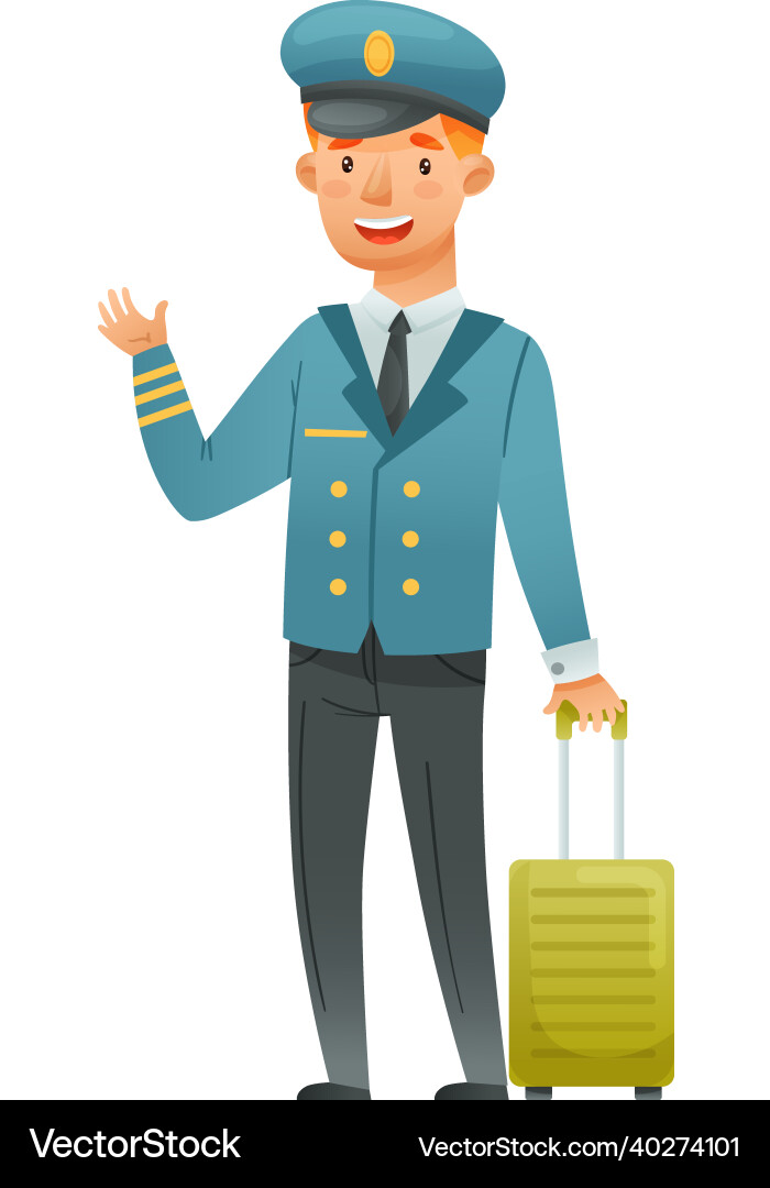 Man pilot character in blue uniform with suitcase Man pilot character in blue uniform with suitcase vector image