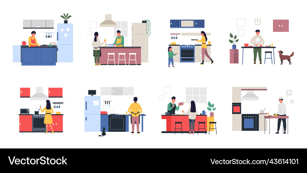 People on kitchen cartoon characters cooking People on kitchen cartoon characters cooking vector image