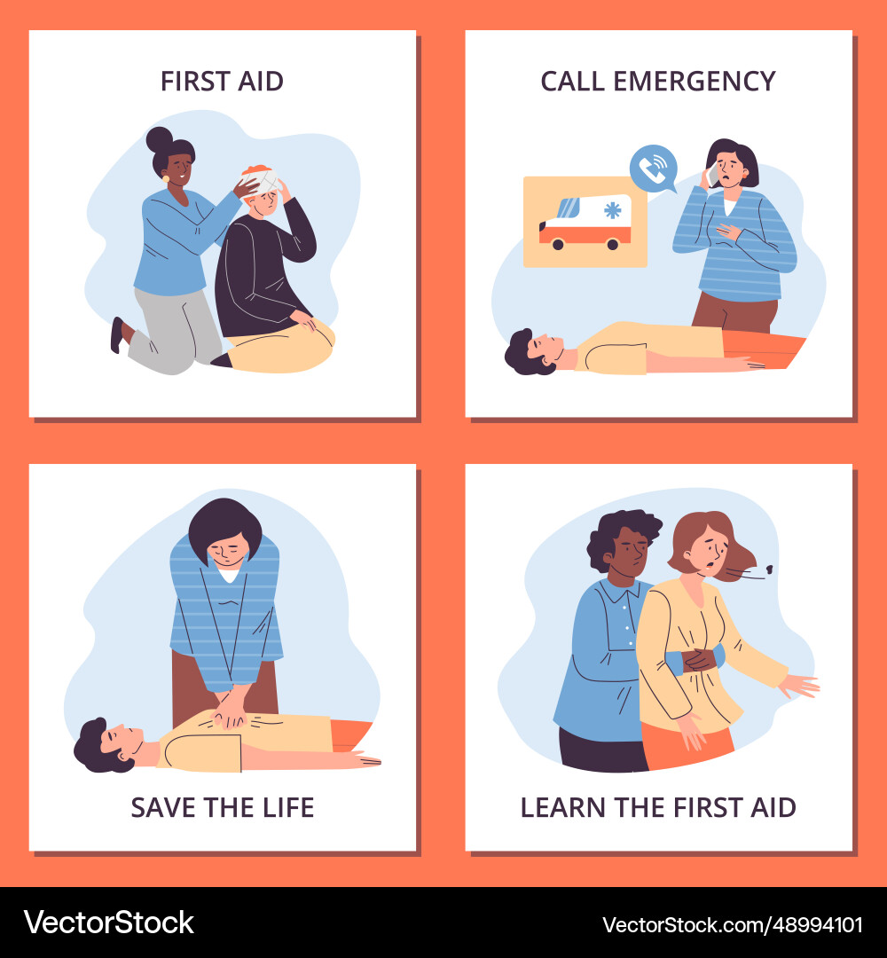 Set of squared banners about first aid people flat Set of squared banners about first aid people flat vector image