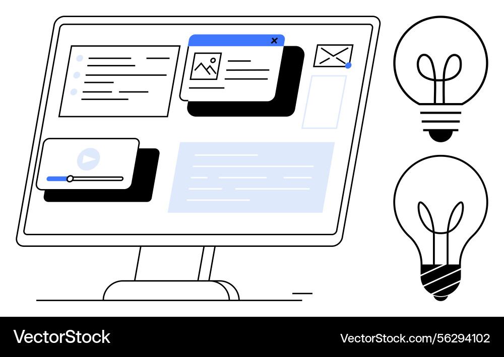Computer screen displaying media and text windows Computer screen displaying media and text windows vector image