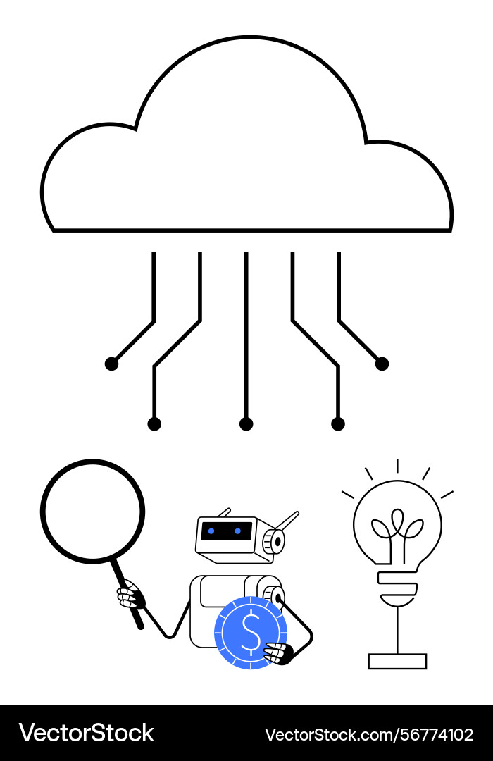 Robot analyzing cloud data flow for innovation Vector Image