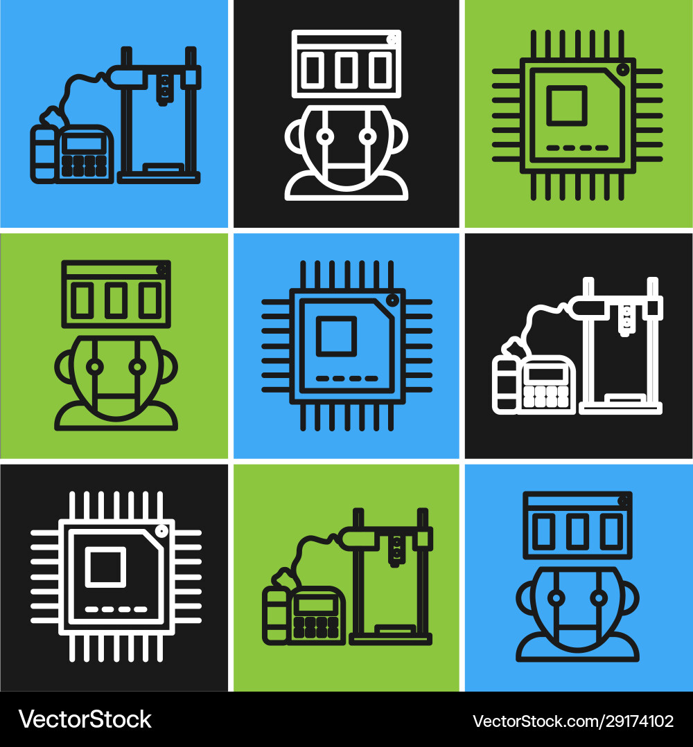 Set line 3d printer processor with microcircuits Set line 3d printer processor with microcircuits vector image