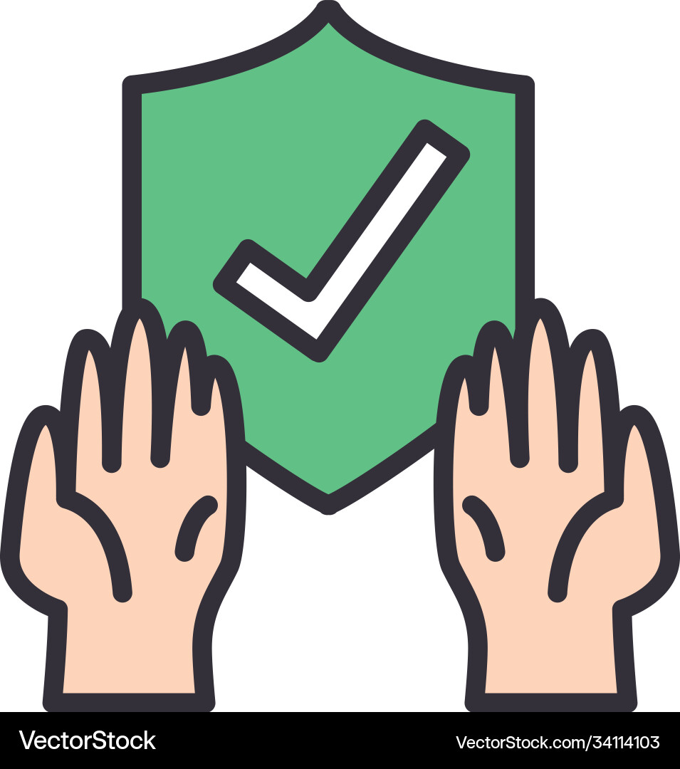 Check mark in shield with gloves line and fill vector image