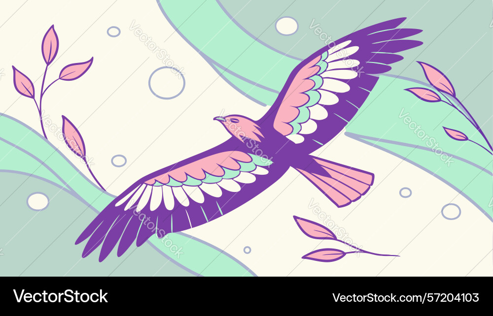 Dynamic eagle in flight over abstract wavy lines vector image