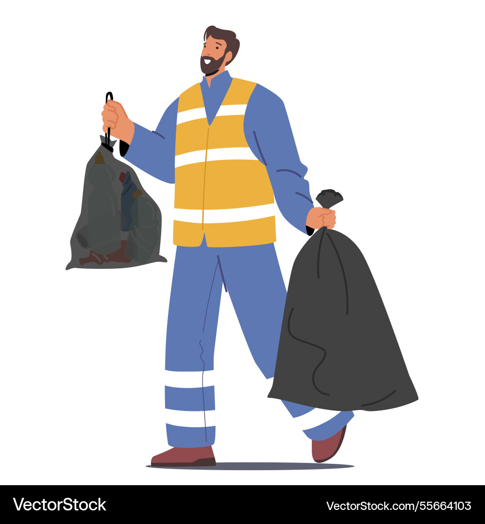 Man janitor character carrying two large trash Man janitor character carrying two large trash vector image
