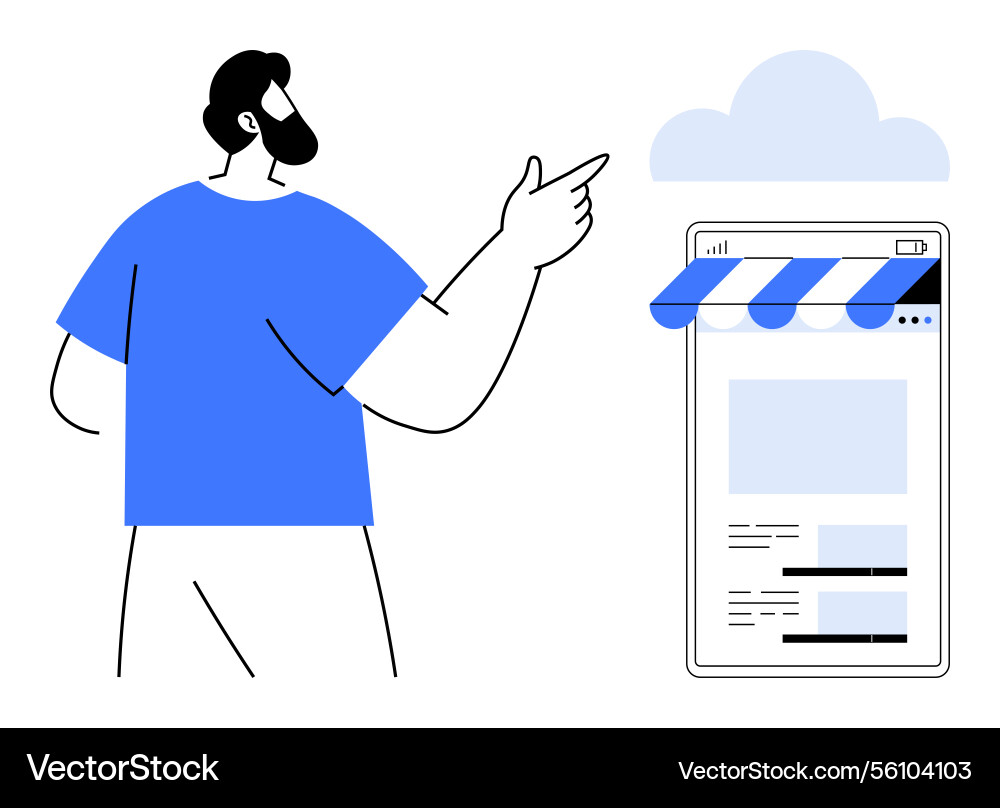 Man pointing at online store platform under cloud Vector Image